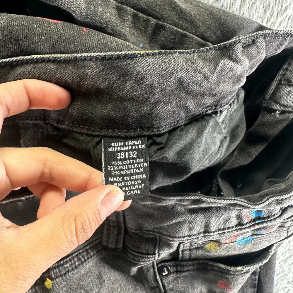 Rue 21 Supreme Flex Premium Jeans Mens 38x32 Black Denim Tapered Paint‎ Splatter
